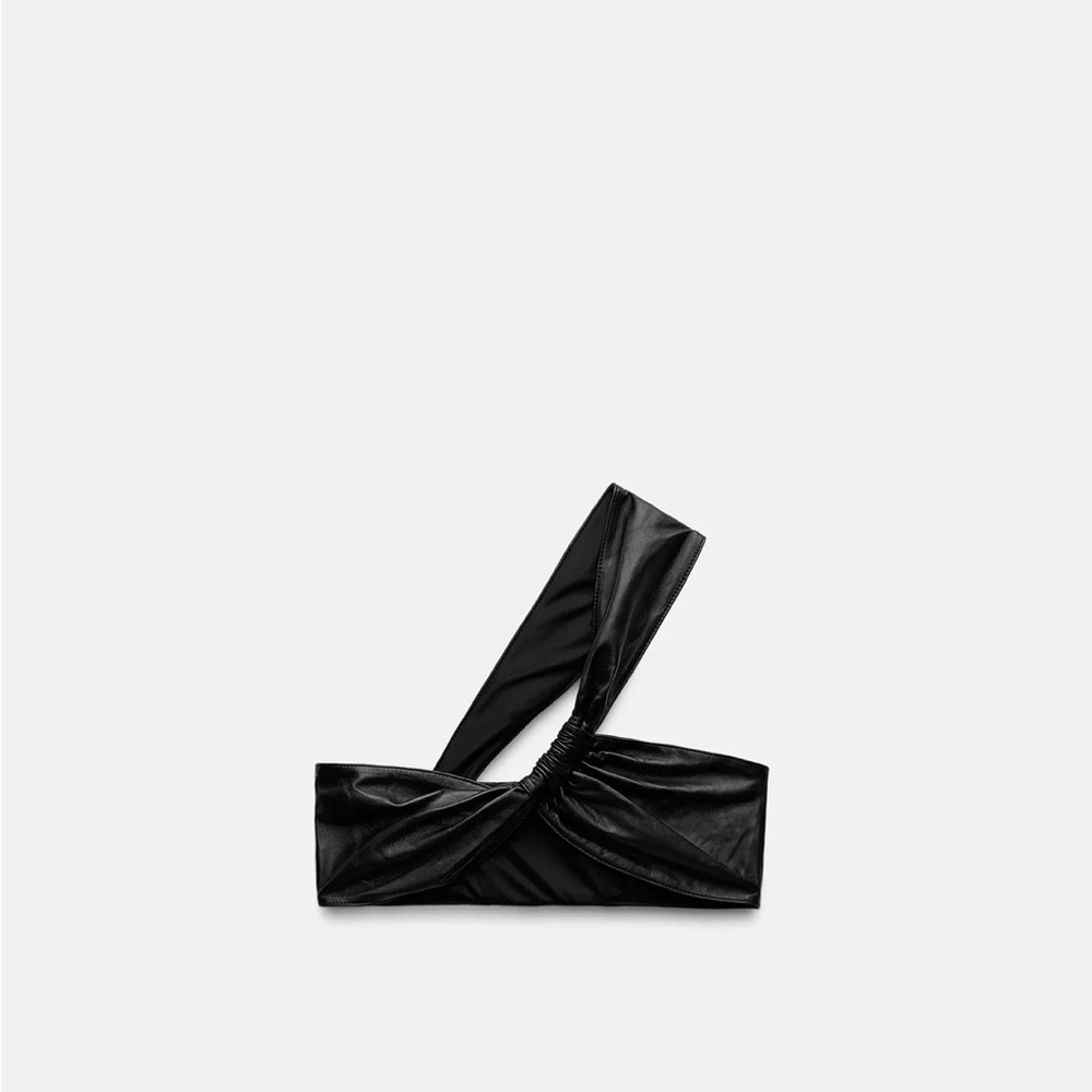 Asymmetrical wrap leather top